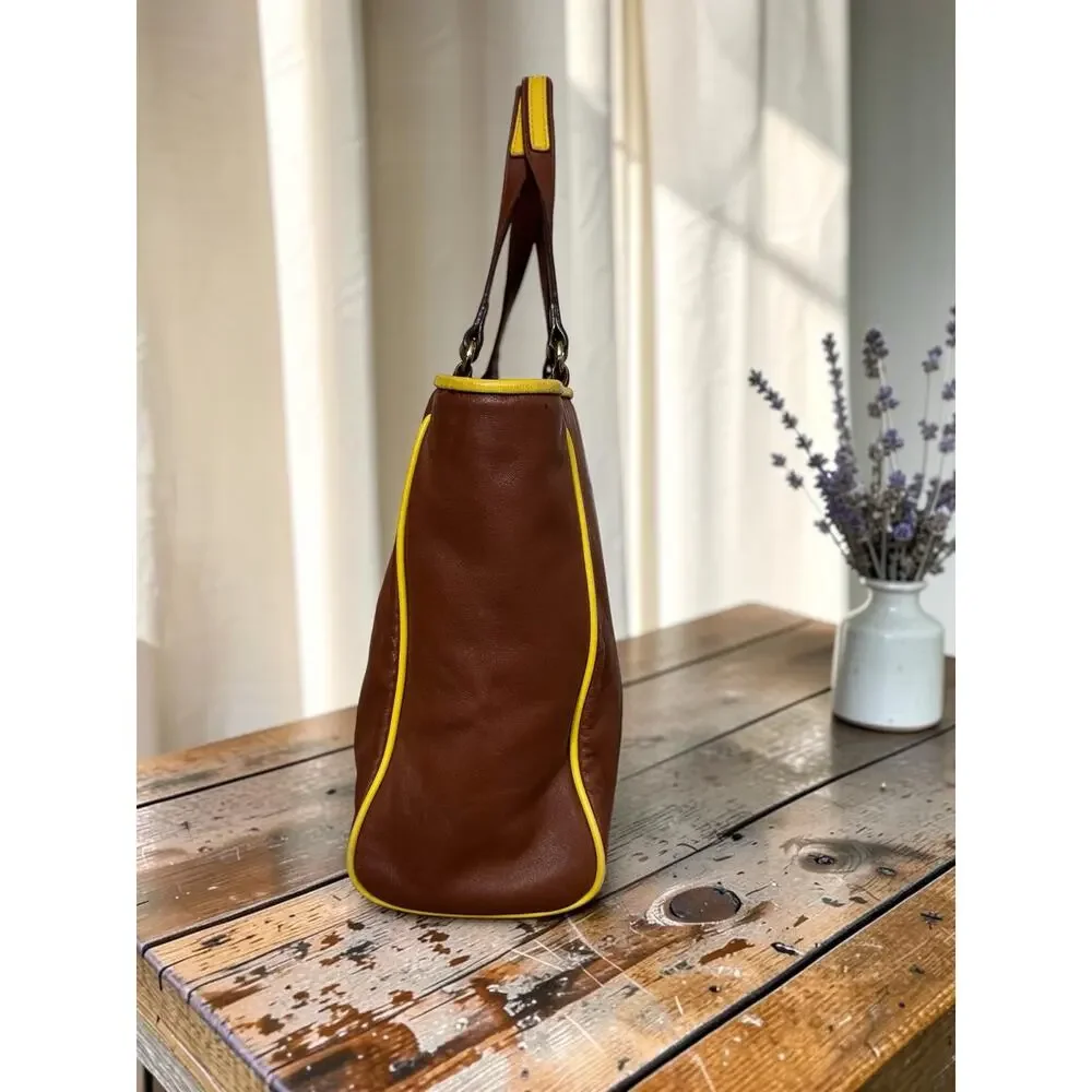Kate Spade Soft Leather Shoulder Bag Cognac Brown yellow Trim GUC